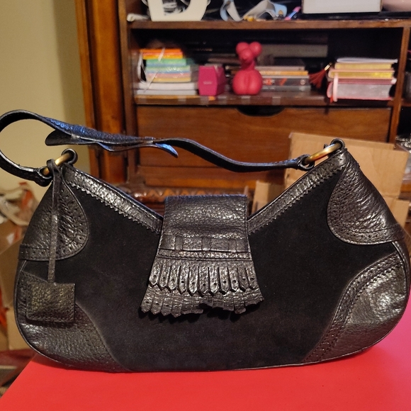 Vtg Y2K Via Spiga Black Leather Crescent Bag - Picture 1 of 9